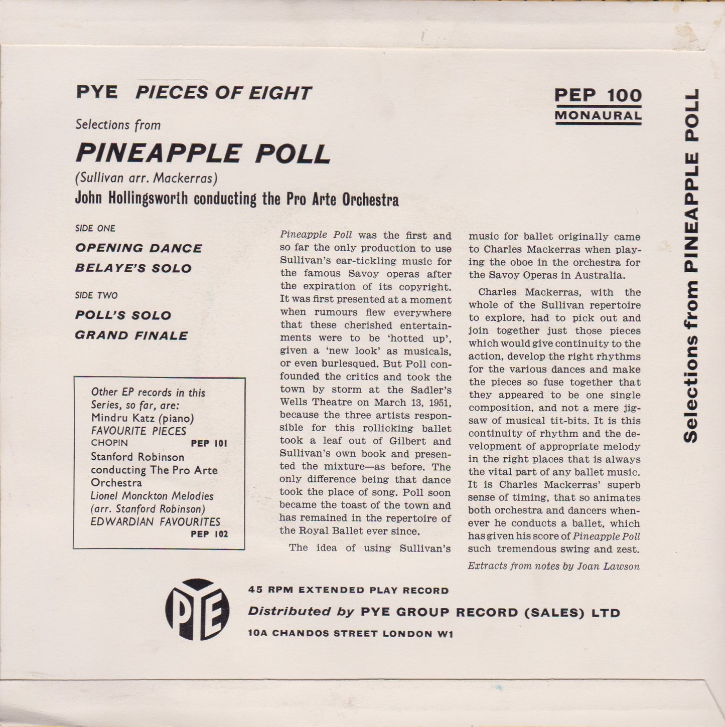 Sullivan, Hollingsworth, Pro Arte Orchestra – Selections From Pineapple Poll 7" vinyl P/S EP VG/VG