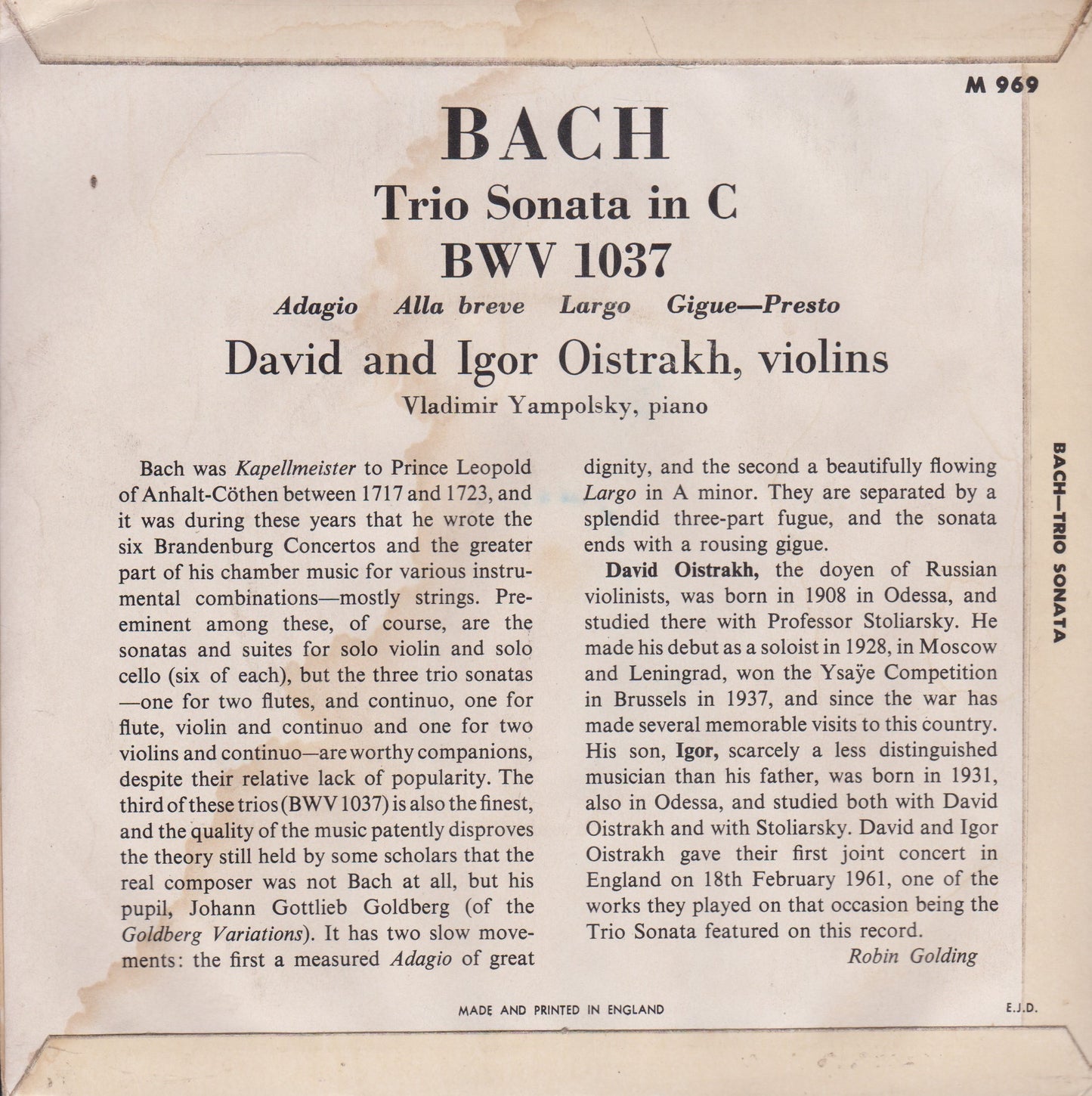David & Igor Oistrakh - J.S. Bach – Sonata For 2 Violins 7" vinyl P/S EP VG/G+