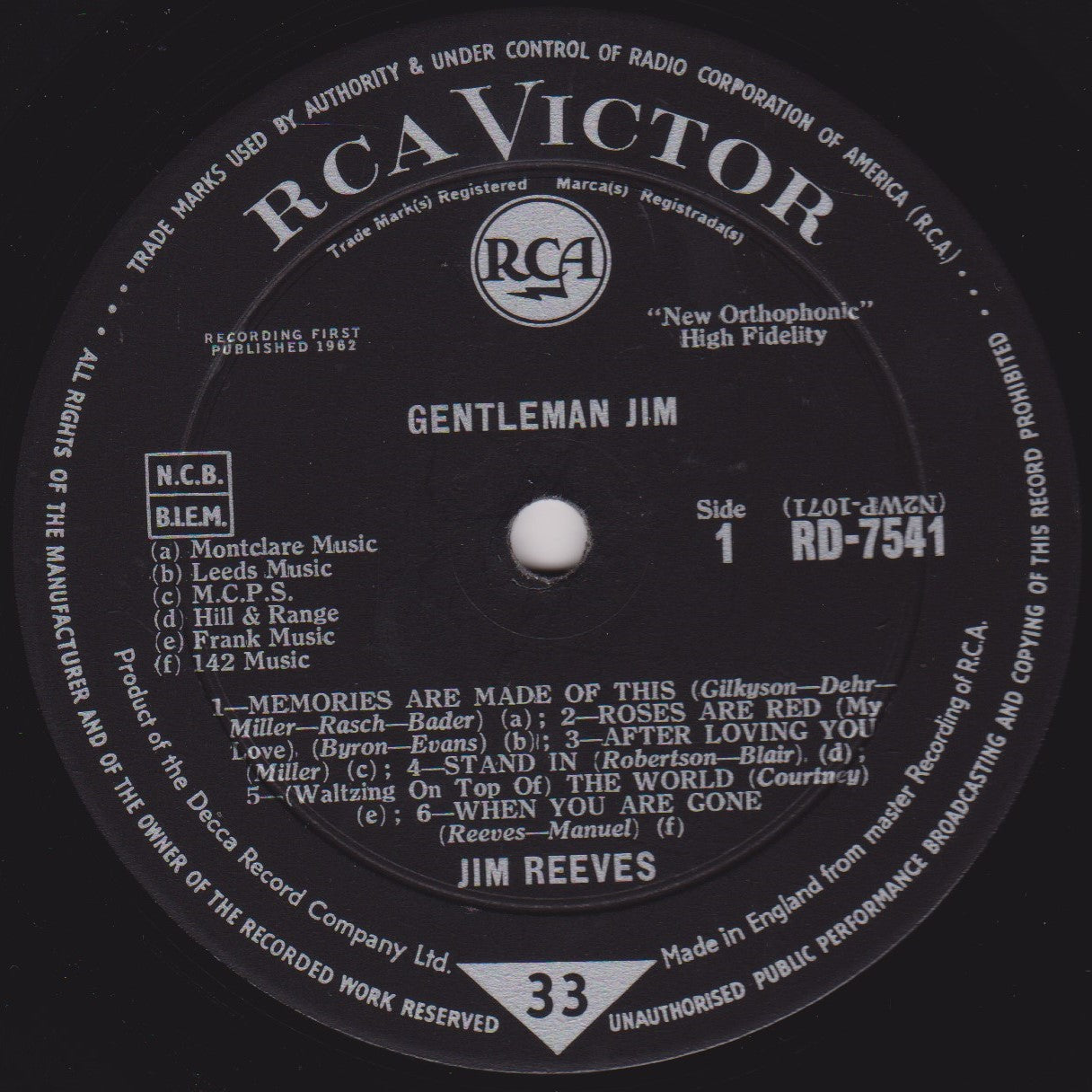 Jim Reeves – Gentleman Jim (RCA 1963) 12" vinyl LP VG/VG