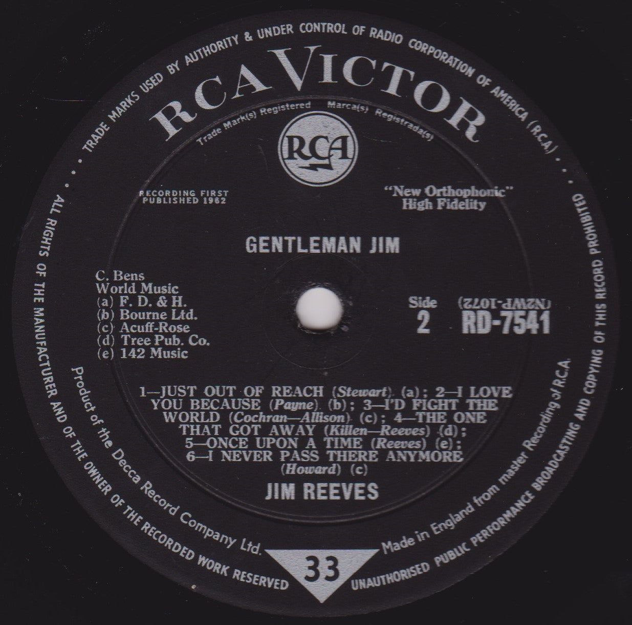 Jim Reeves – Gentleman Jim (RCA 1963) 12" vinyl LP VG/VG