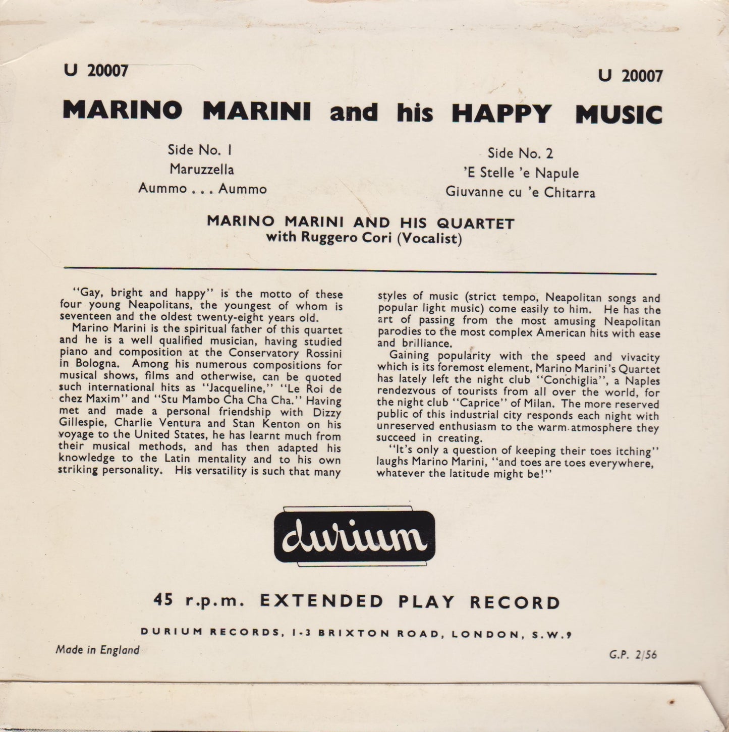 Marino Marini And His Quartet ‎– Marino Marini And His Happy Music 7" vinyl P/S EP G+/VG
