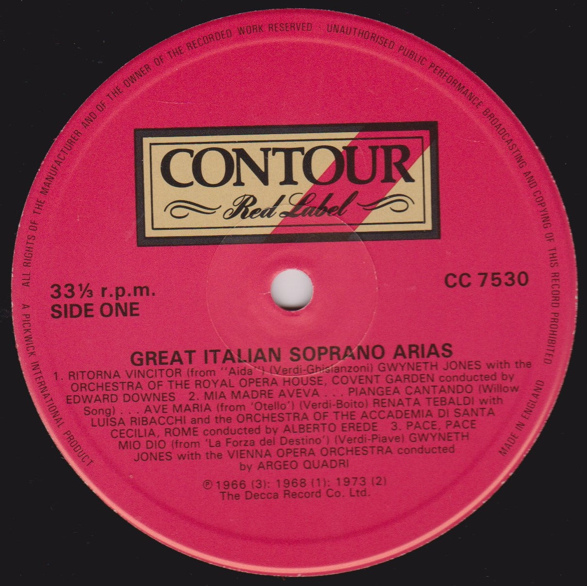 Various – Great Italian Soprano Arias (Contour 1973) 12" vinyl LP VG/VG