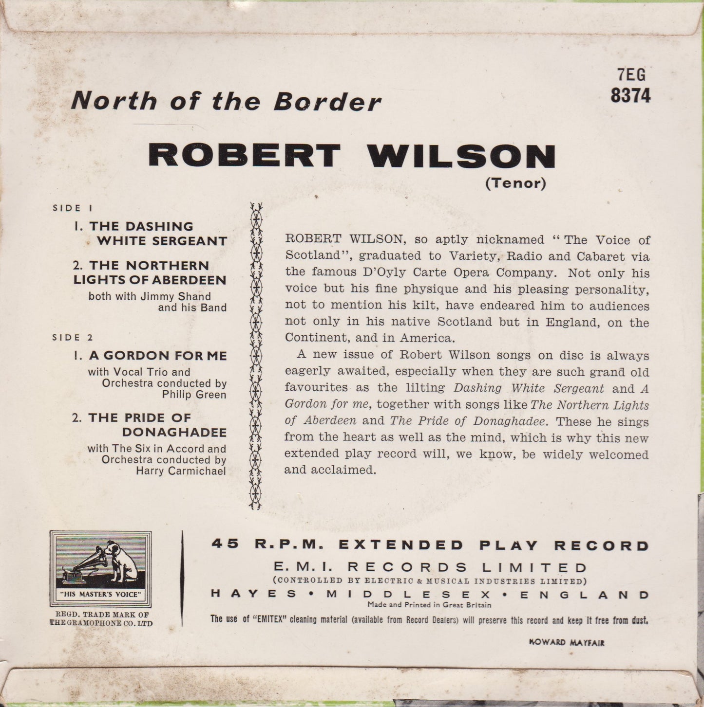 Robert Wilson – North Of The Border (HMV 1962) 7" vinyl P/S EP G+/VG