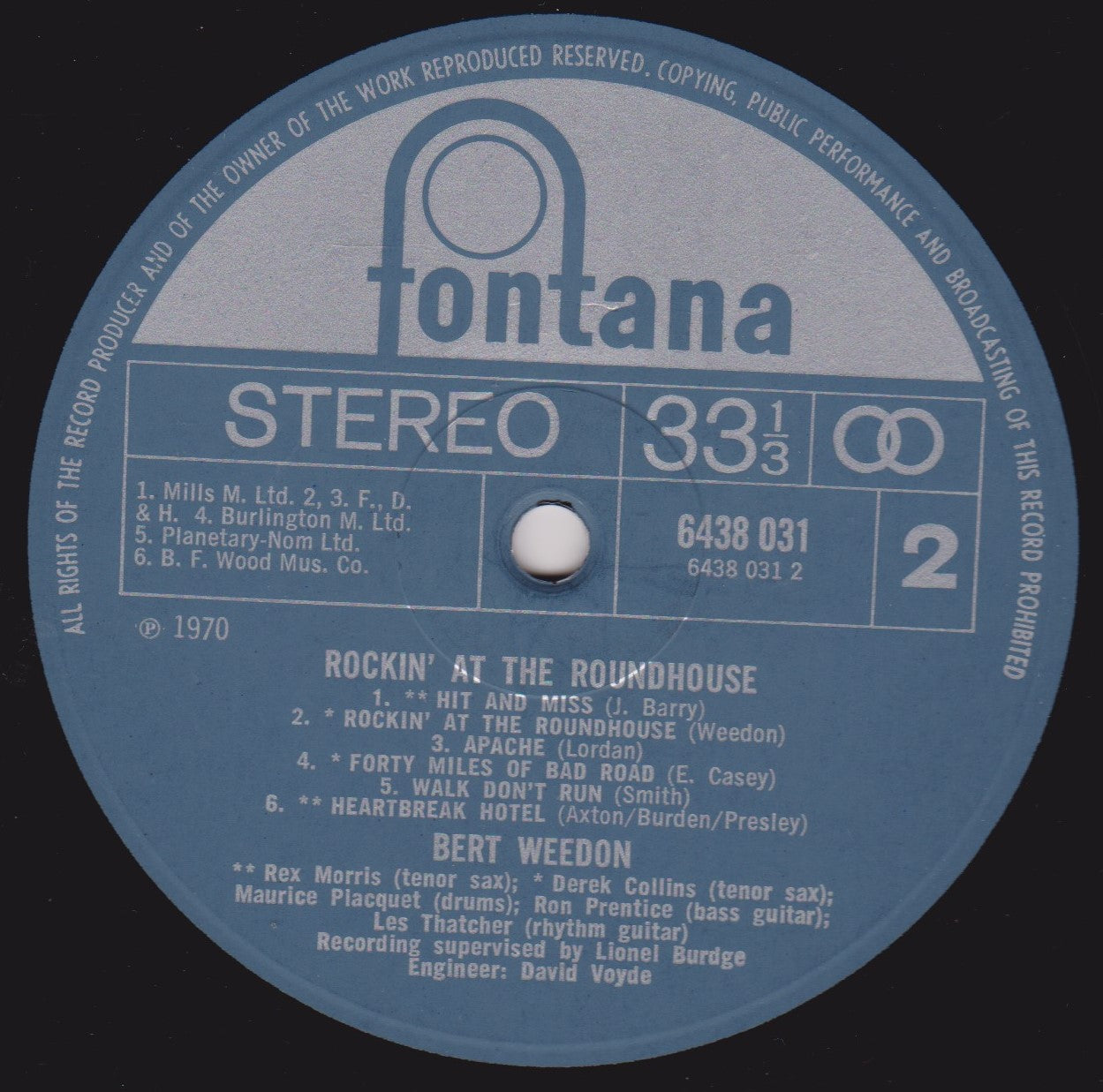 Bert Weedon – Rockin' At The Roundhouse (Fontana 1970) 12" vinyl LP VG/VG