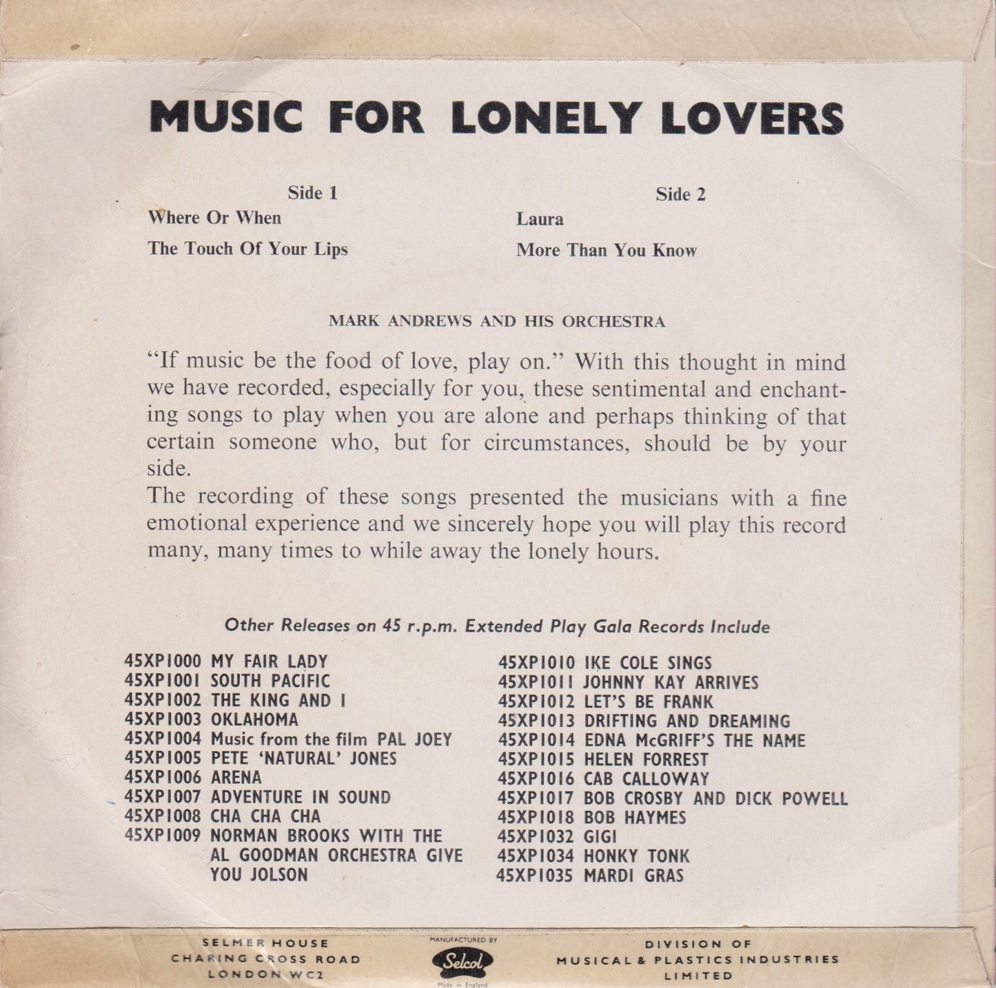 Mark Andrews & His Orchestra – Music For Lonely Lovers 7" vinyl P/S EP VG/VG