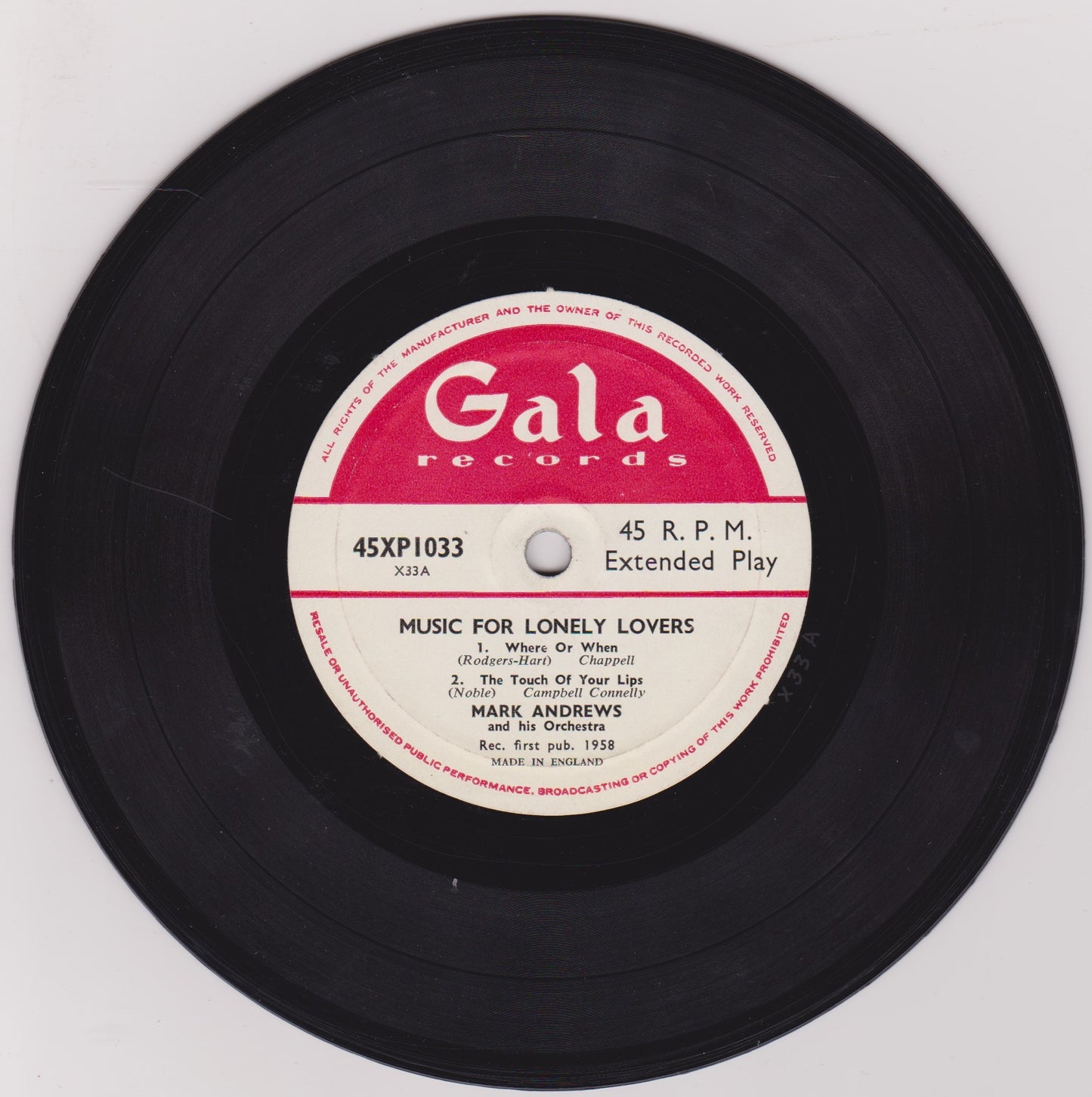 Mark Andrews & His Orchestra – Music For Lonely Lovers 7" vinyl P/S EP VG/VG