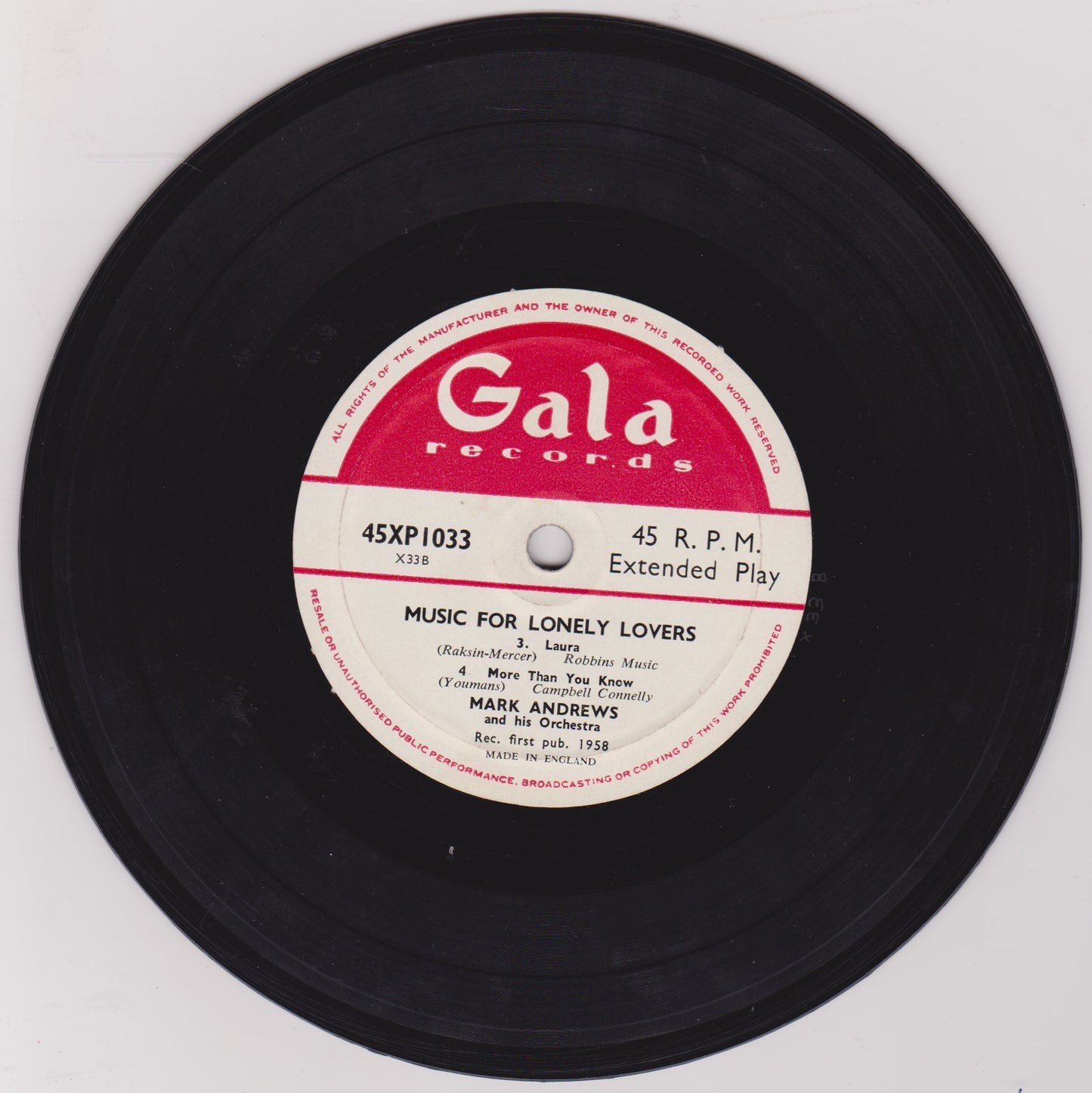 Mark Andrews & His Orchestra – Music For Lonely Lovers 7" vinyl P/S EP VG/VG