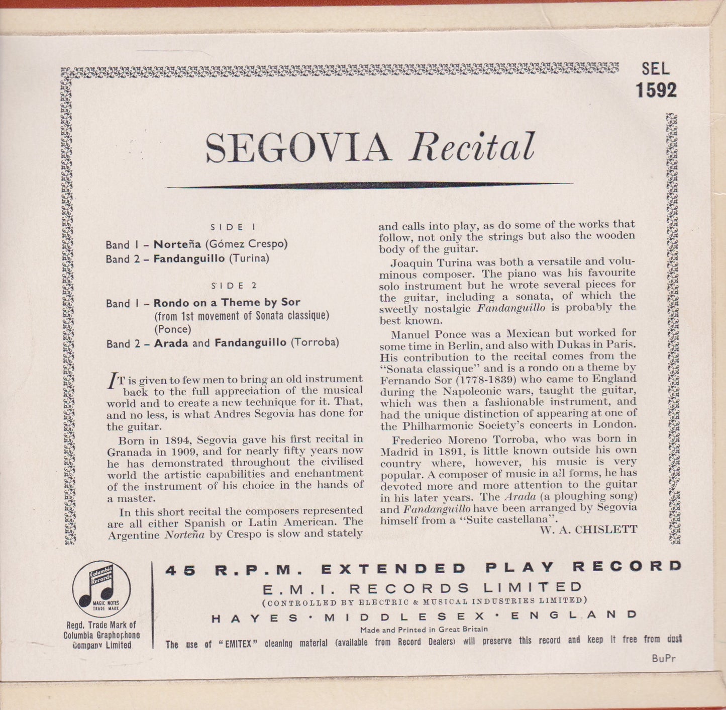 Andres Segovia – Segovia (Columbia) 7" vinyl P/S EP VG/VG