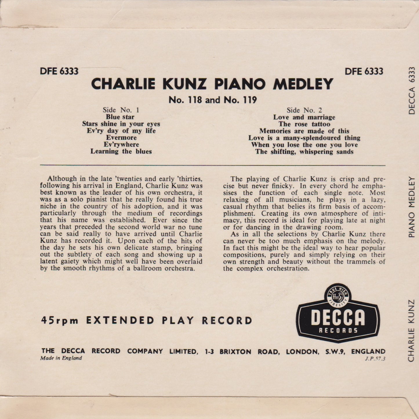 Charlie Kunz – Charlie Kunz Piano Medley Nos. 118 And 119 (Decca 1956) 7" vinyl P/S EP VG/VG