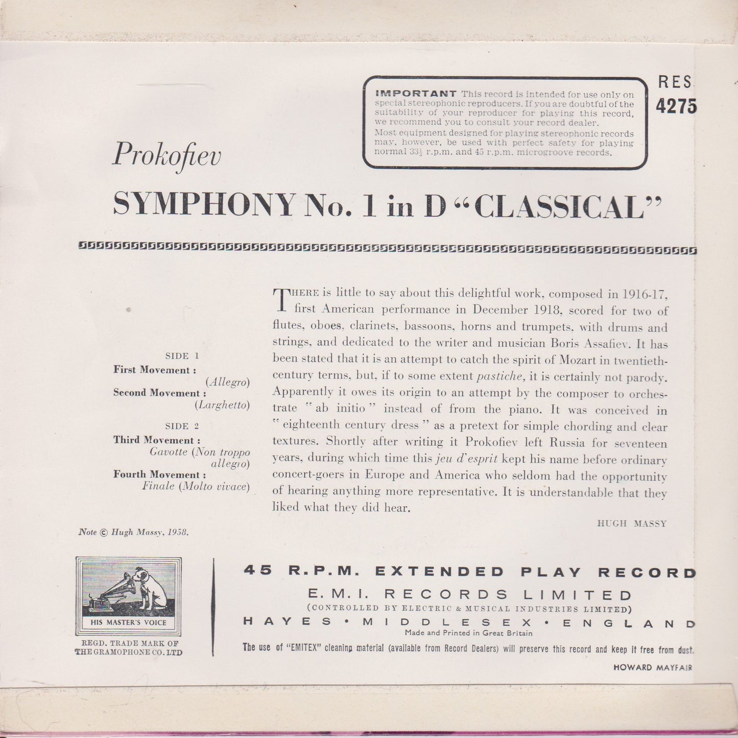 Sergei Prokofiev, Philharmonia ‎– Classical Symphony - Symphony No.1 7" vinyl P/S EP VG/VG