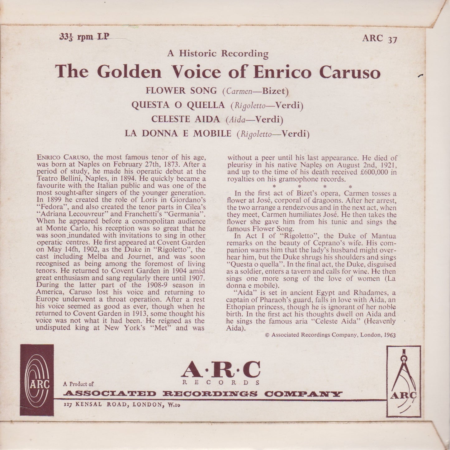 Enrico Caruso ‎– The Golden Voice Of Enrico Caruso (ARC 1963) 7" vinyl P/S EP VG/VG