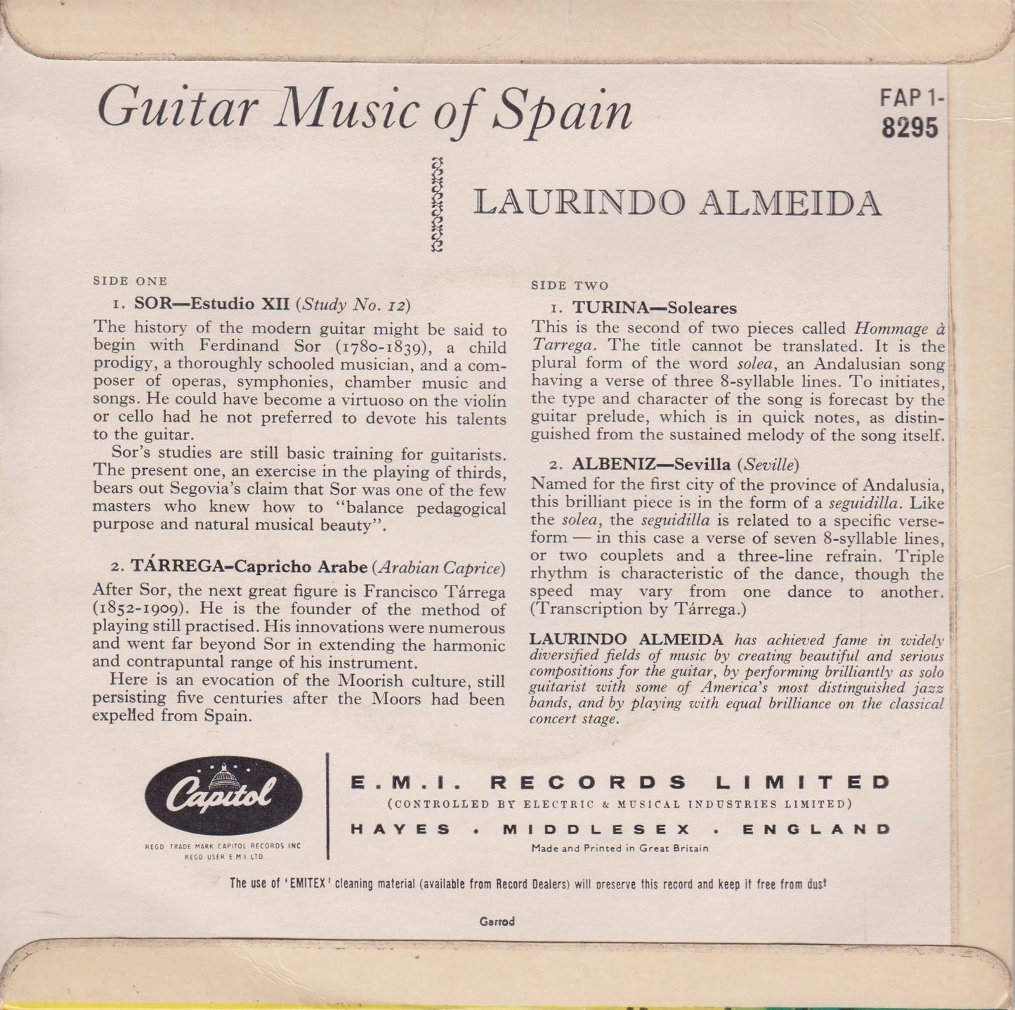 Laurindo Almeida – Guitar Music Of Spain (Capitol 1961) 7" vinyl P/S EP VG/VG