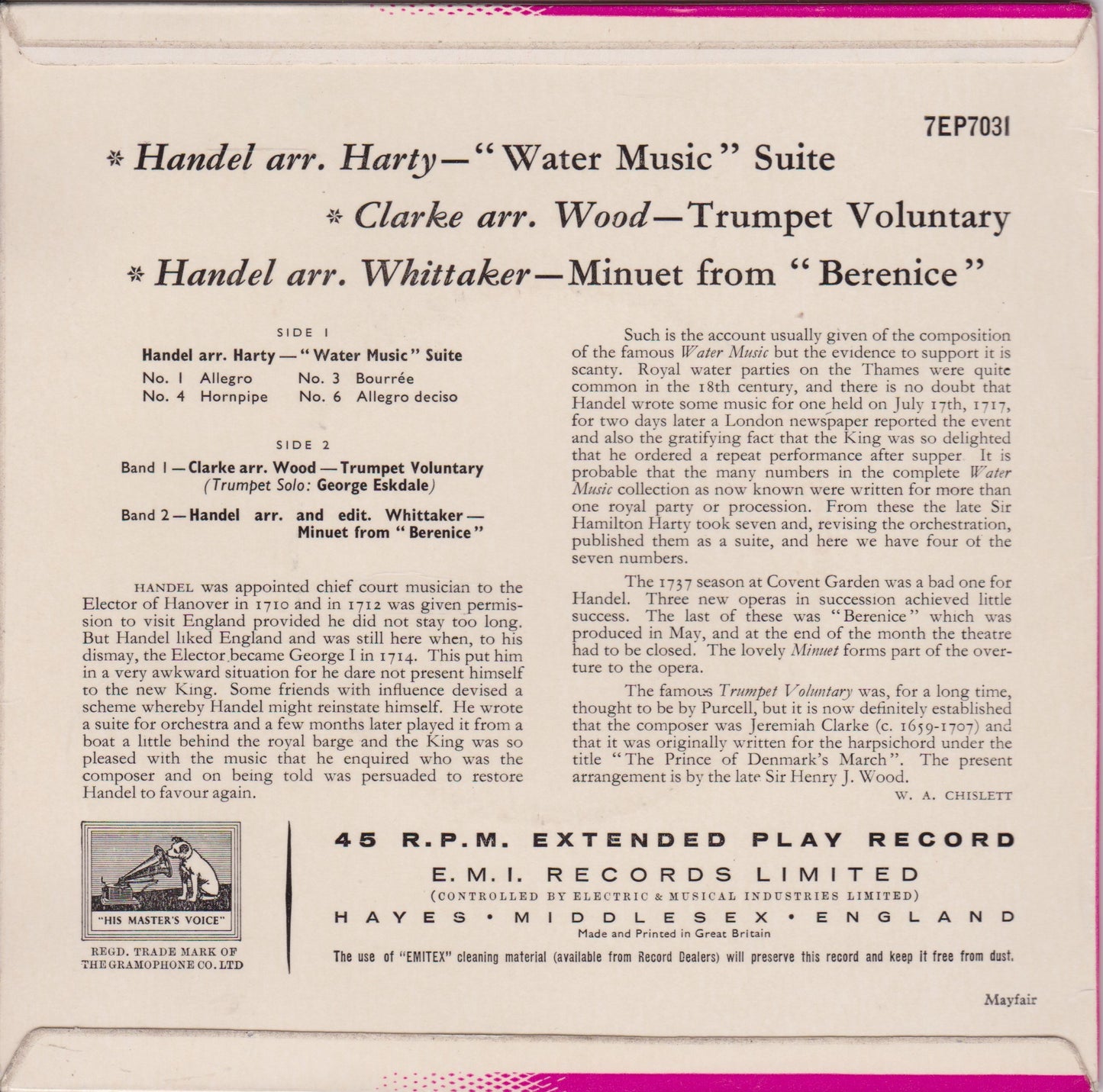 Handel, Charles Mackerras, LSO – "Water Music" Suite (HMV 1956) 7" vinyl P/S EP VG/VG