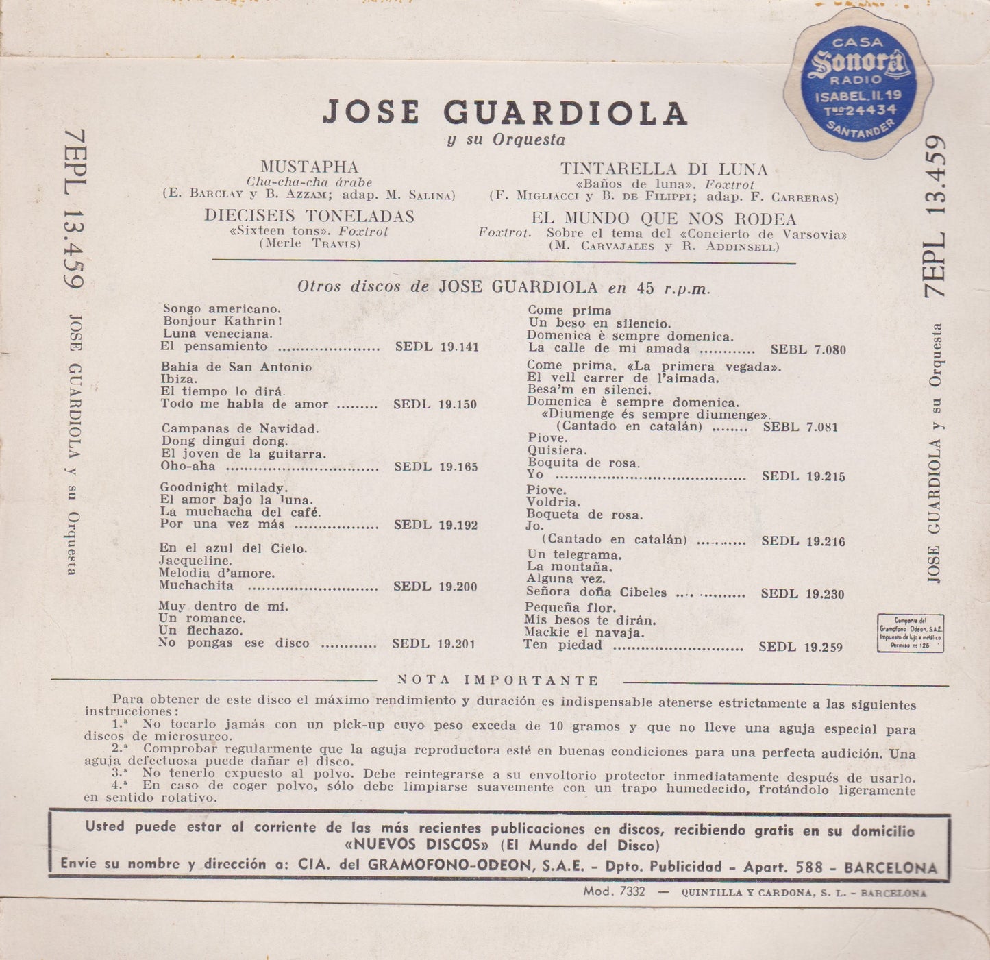 José Guardiola Y Su Orquesta – Mustapha (La Voz De Su Amo 1960) 7" pink vinyl P/S EP G+/VG Spain