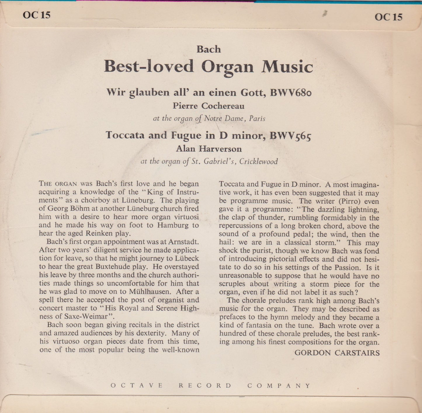 Bach, Pierre Cochereau, Alan Harverson – Best Loved Organ Music 7" vinyl P/S EP VG/VG