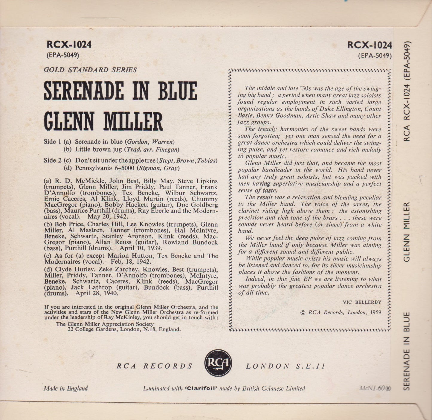 Glenn Miller And His Orchestra – Serenade In Blue (RCA 1959) 7" vinyl P/S EP VG/VG