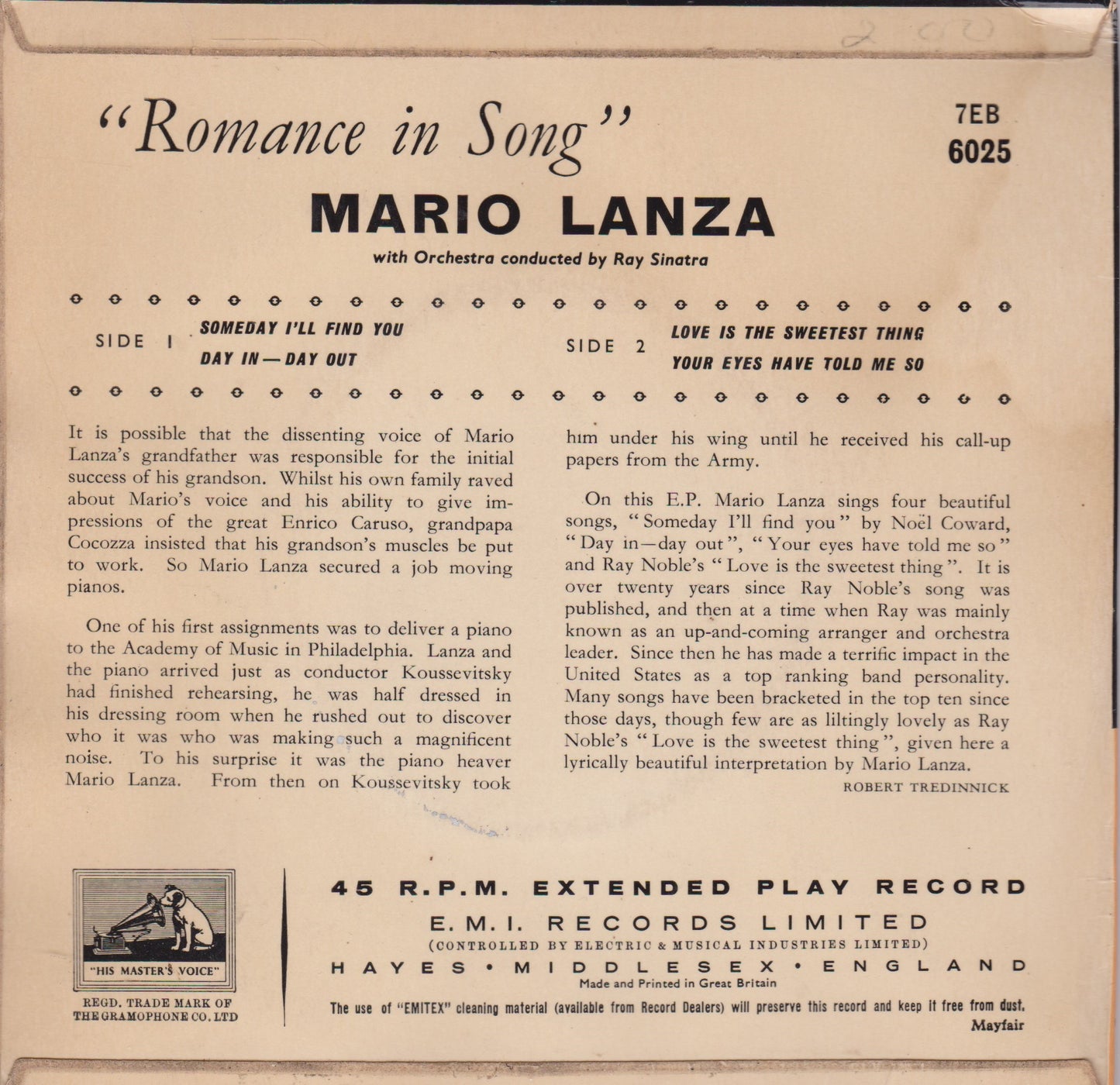 Mario Lanza – Romance In Song (HMV 1956) 7" vinyl P/S EP VG/VG