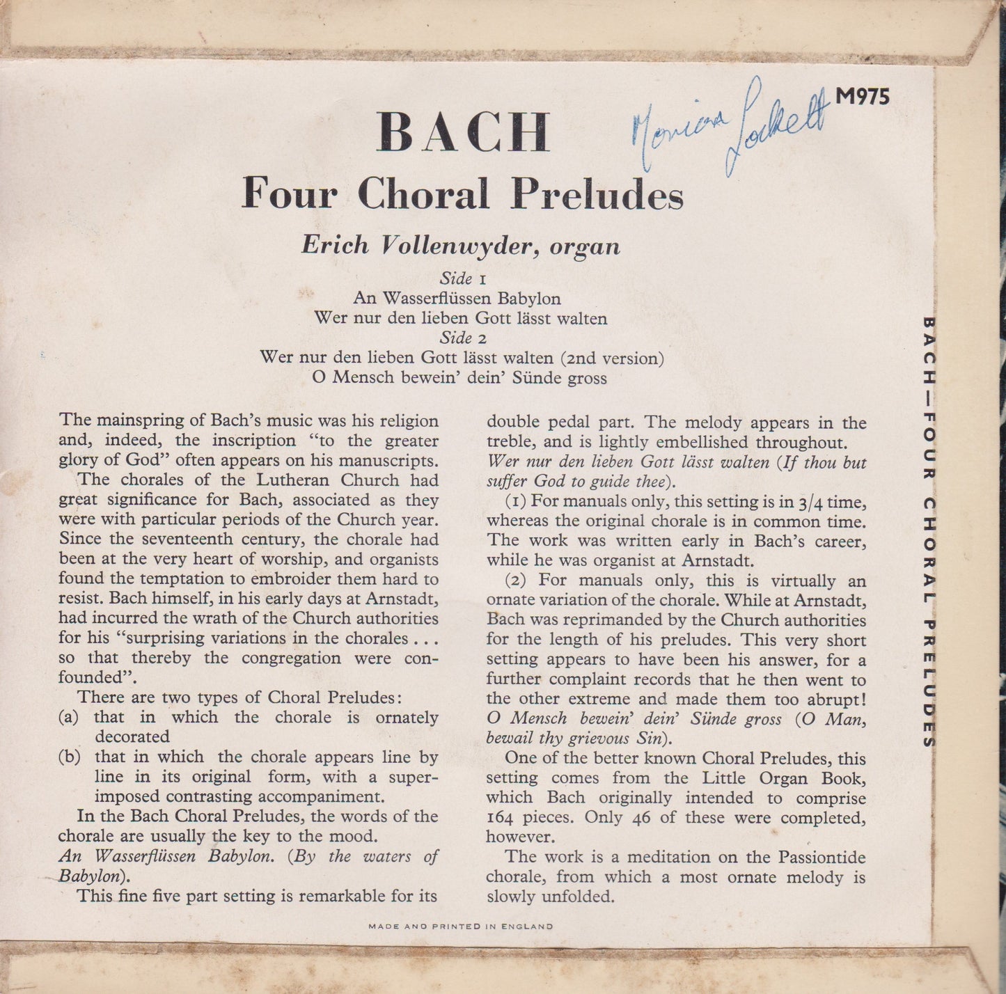 J.S. Bach, Vollenwyder ‎– Four Choral Preludes 7" vinyl P/S EP VG/VG