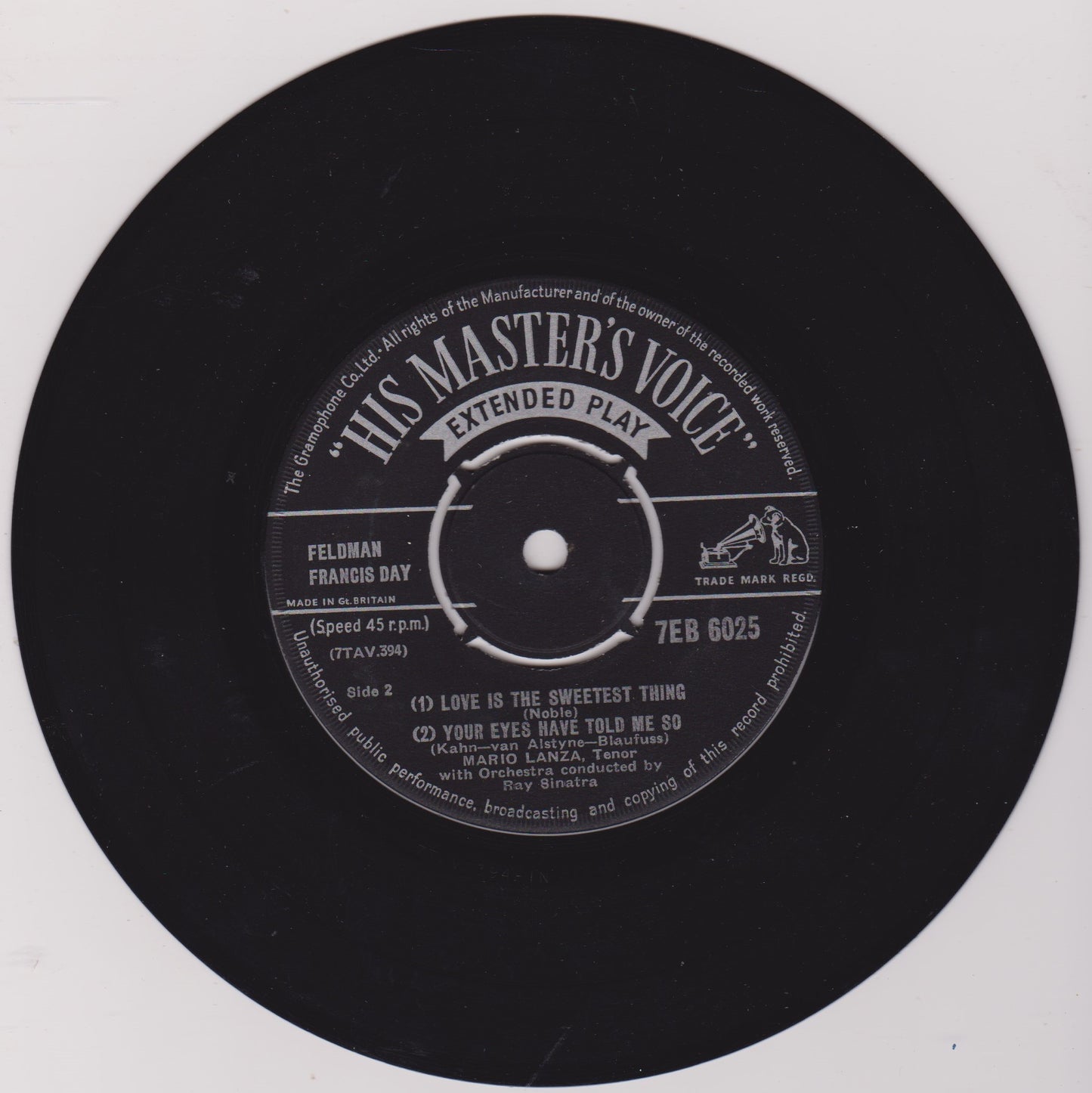 Mario Lanza – Romance In Song (HMV 1956) 7" vinyl P/S EP VG/VG