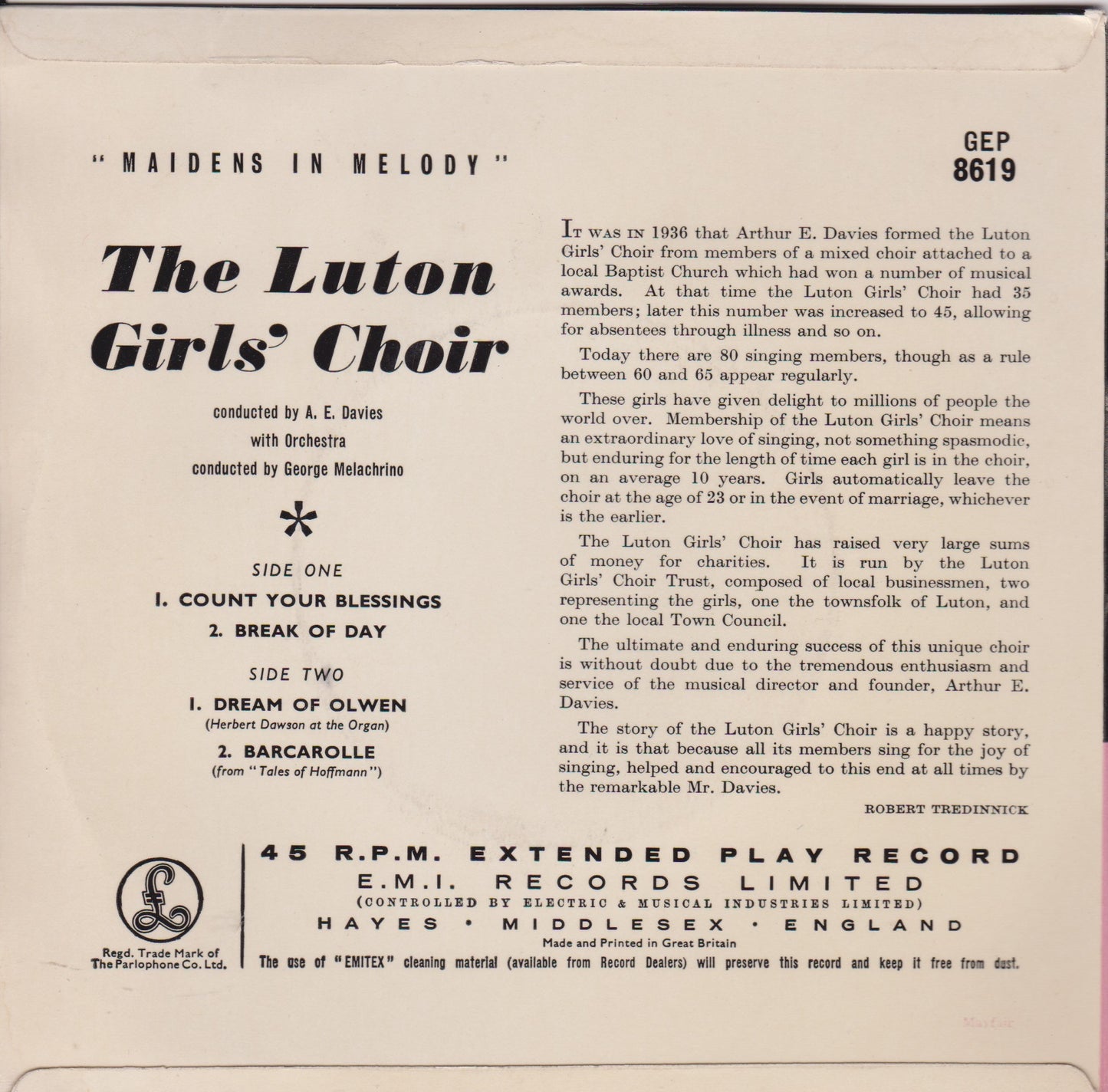 Luton Girls' Choir / George Melachrino – Maidens In Melody (Parlophone 1957) 7" vinyl P/S EP VG/VG