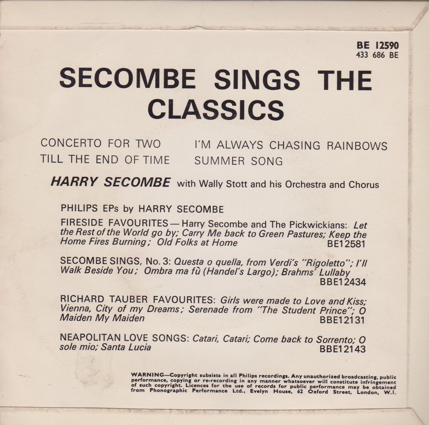 Harry Secombe ‎– Secombe Sings The Classics (Philips 1965) 7" vinyl P/S EP VG/VG