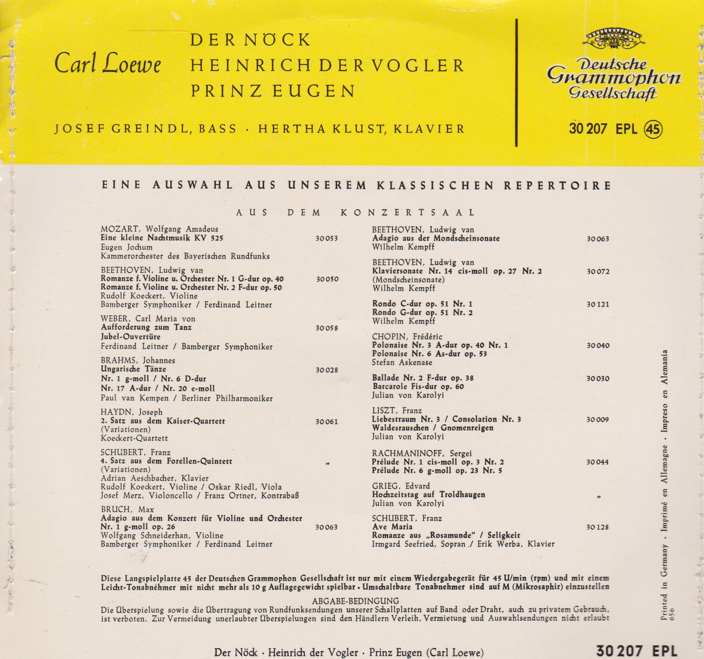 Carl Loewe, Josef Greindl · Hertha Klust – Der Nöck, Heinrich Der Vogler, Prinz Eugen 7" vinyl P/S EP VG/VG Germany