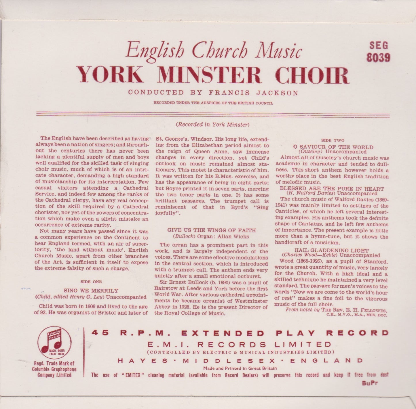 York Minster Choir ‎– English Church Music (HMV) 7" vinyl P/S EP VG/VG