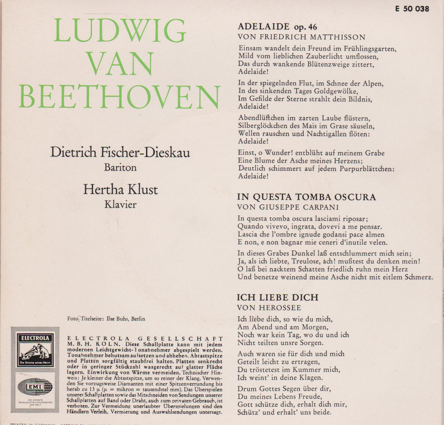 Beethoven, Fischer-Dieskau – Adelaide Op. 46 (HMV) 7" vinyl P/S EP VG/VG Germany