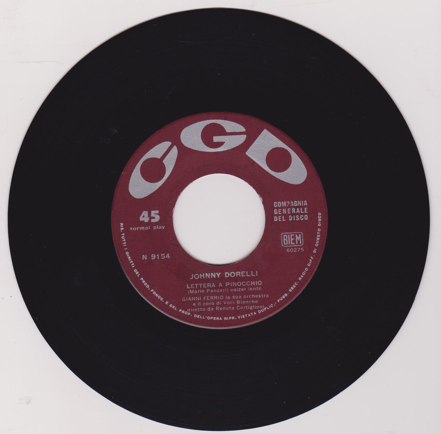 Johnny Dorelli – Lettera A Pinocchio (CGD 1966) 7" vinyl P/S single VG/VG Italy