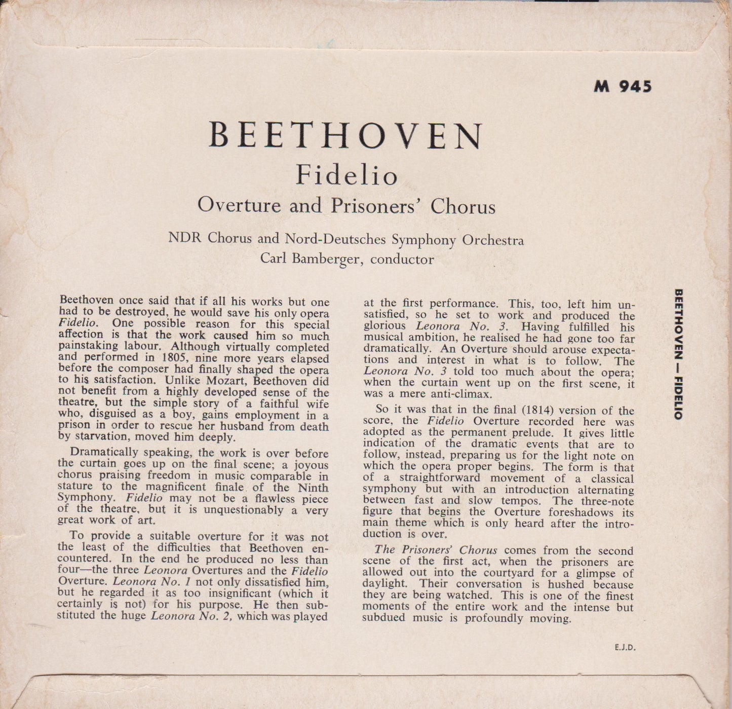 Beethoven, Nord-Deutsches Symphony Orchestra, Hamburg, Bamberger – Fidelio: Overture Prisoners' Chorus 7" vinyl P/S EP VG/VG