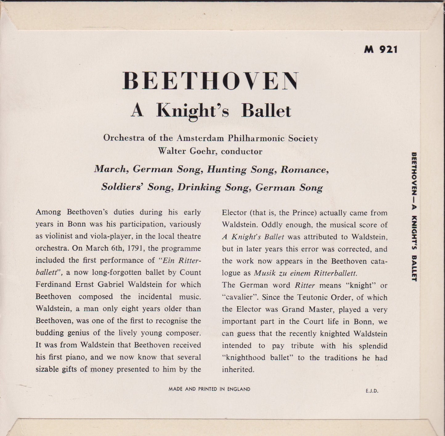 Beethoven, The Orchestra Of The Amsterdam Philharmonic Society ‎– A Knight's Ballet 7" vinyl P/S EP VG/VG