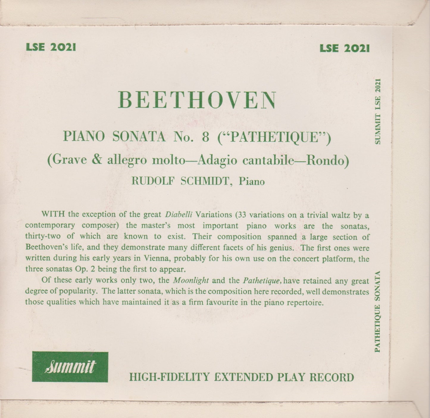 Beethoven, Schmidt ‎– Sonata No 8 in C Minor (Pathetique) 7" vinyl P/S EP VG/VG