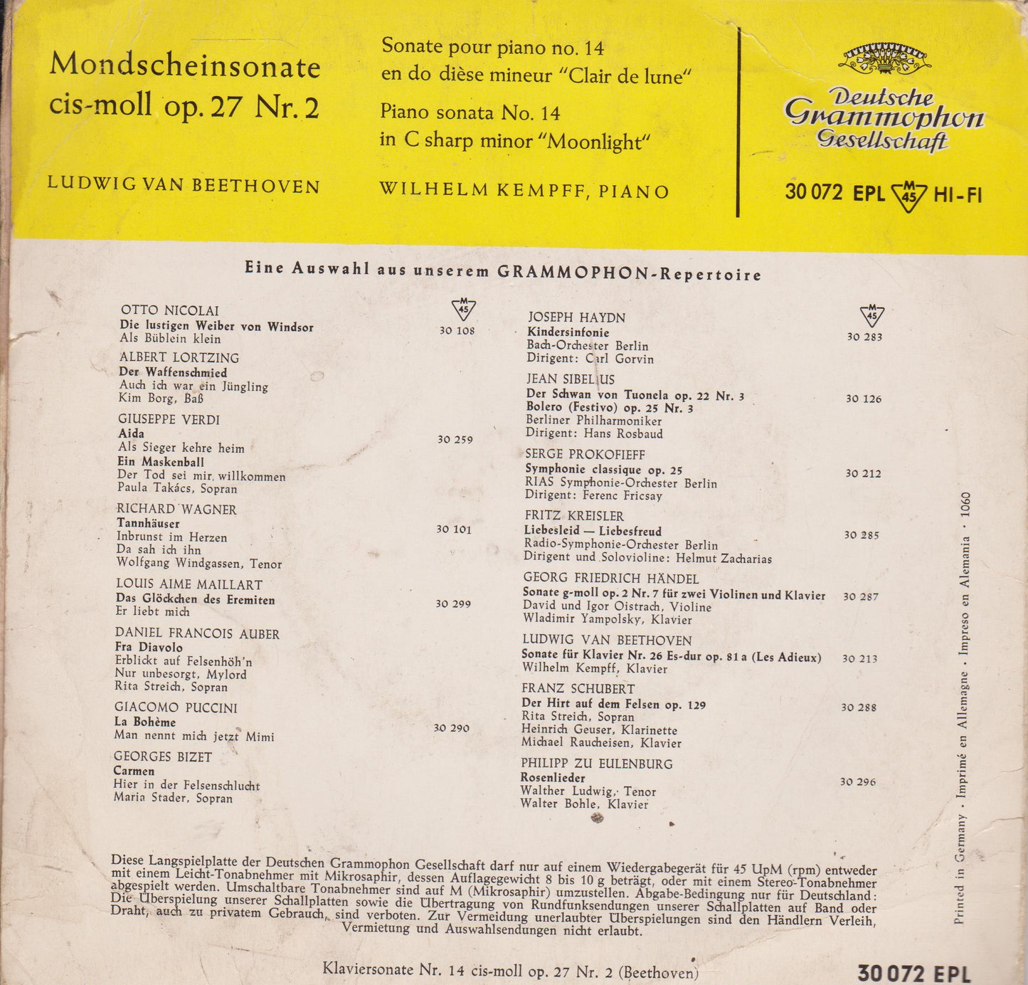 Beethoven, Kempff – Mondscheinsonate Cis-moll Op.27 Nr. 2 7" vinyl P/S EP G/G+ German