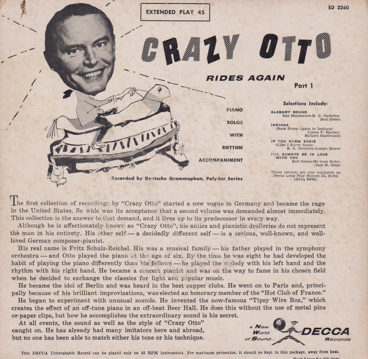 Crazy Otto – Crazy Otto Rides Again: Part 1 (Decca 1956) 7" vinyl P/S EP VG/VG US jukebox