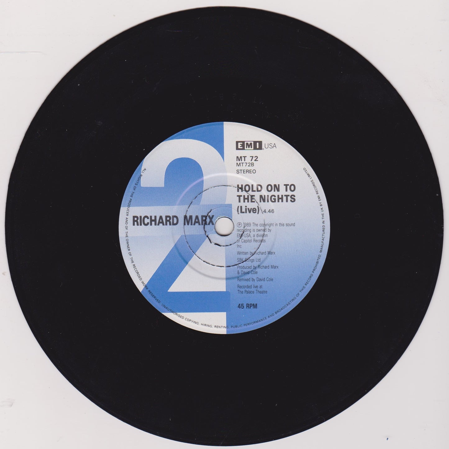 Richard Marx ‎– Right Here Waiting (EMI 1989) 7" vinyl P/S single VG/VG