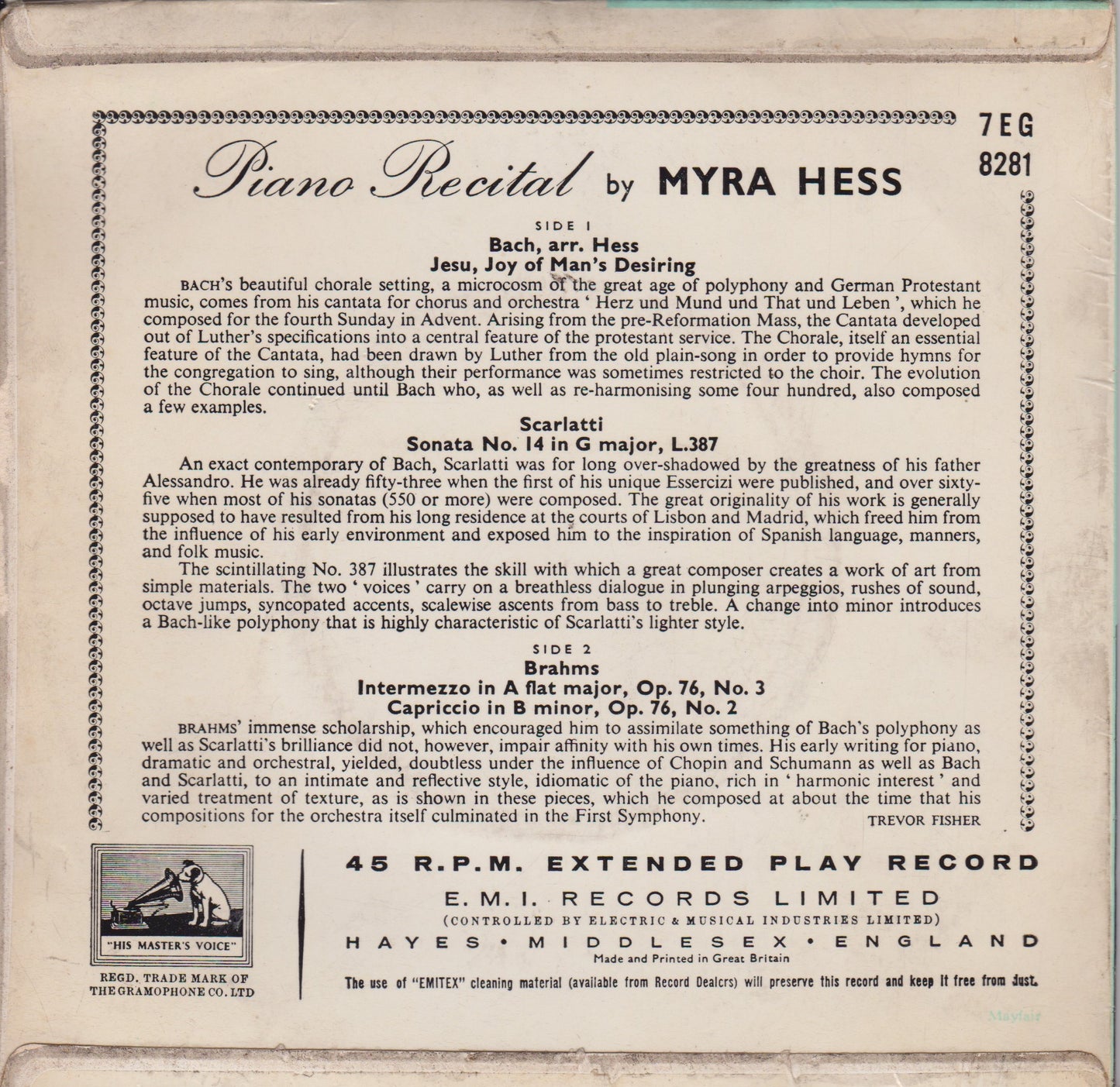 Myra Hess – Piano Recital (HMV) 7" vinyl P/S EP VG/VG