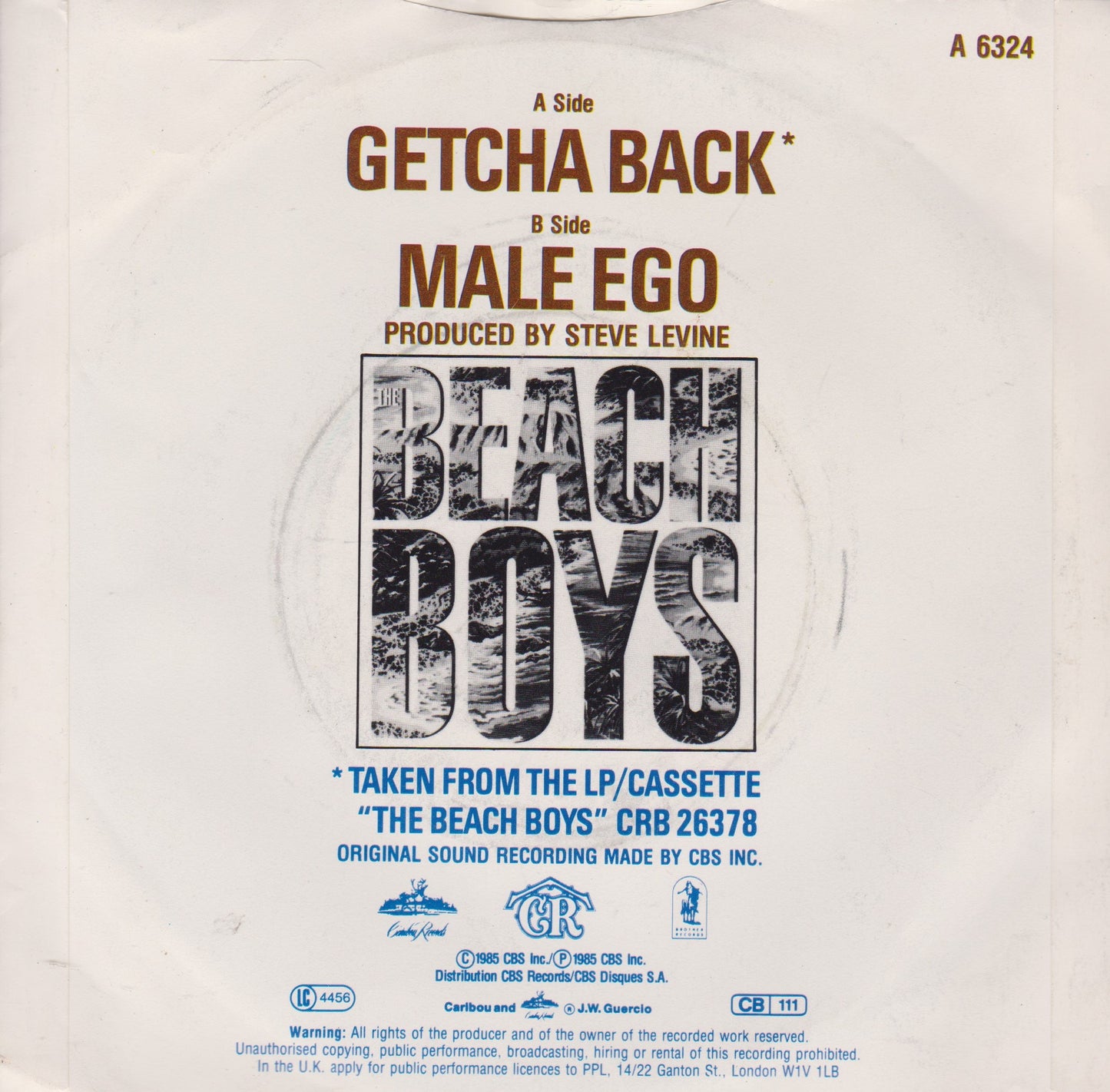 The Beach Boys – Getcha Back (Caribou 1985) 7" vinyl P/S single VG/VG