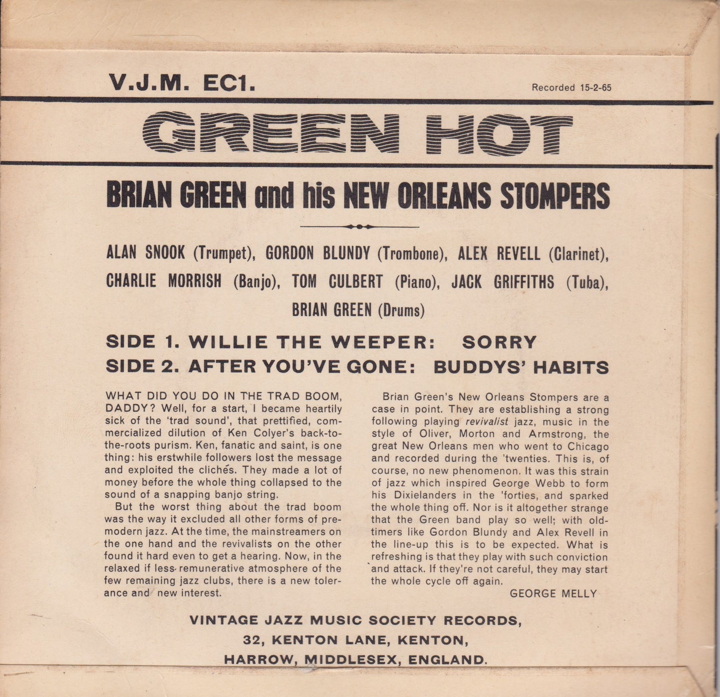 Brian Green & His New Orleans Stompers ‎– Green Hot 7" vinyl P/S EP VG/VG