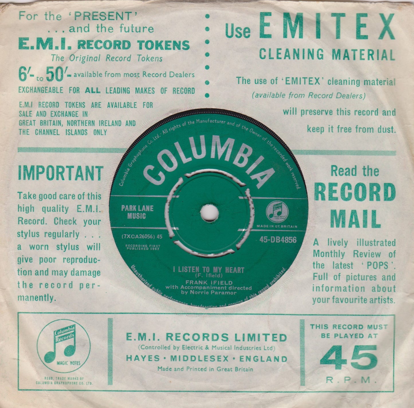 Frank Ifield – I Remember You (Columbia, 1962) 7" vinyl single VG/VG