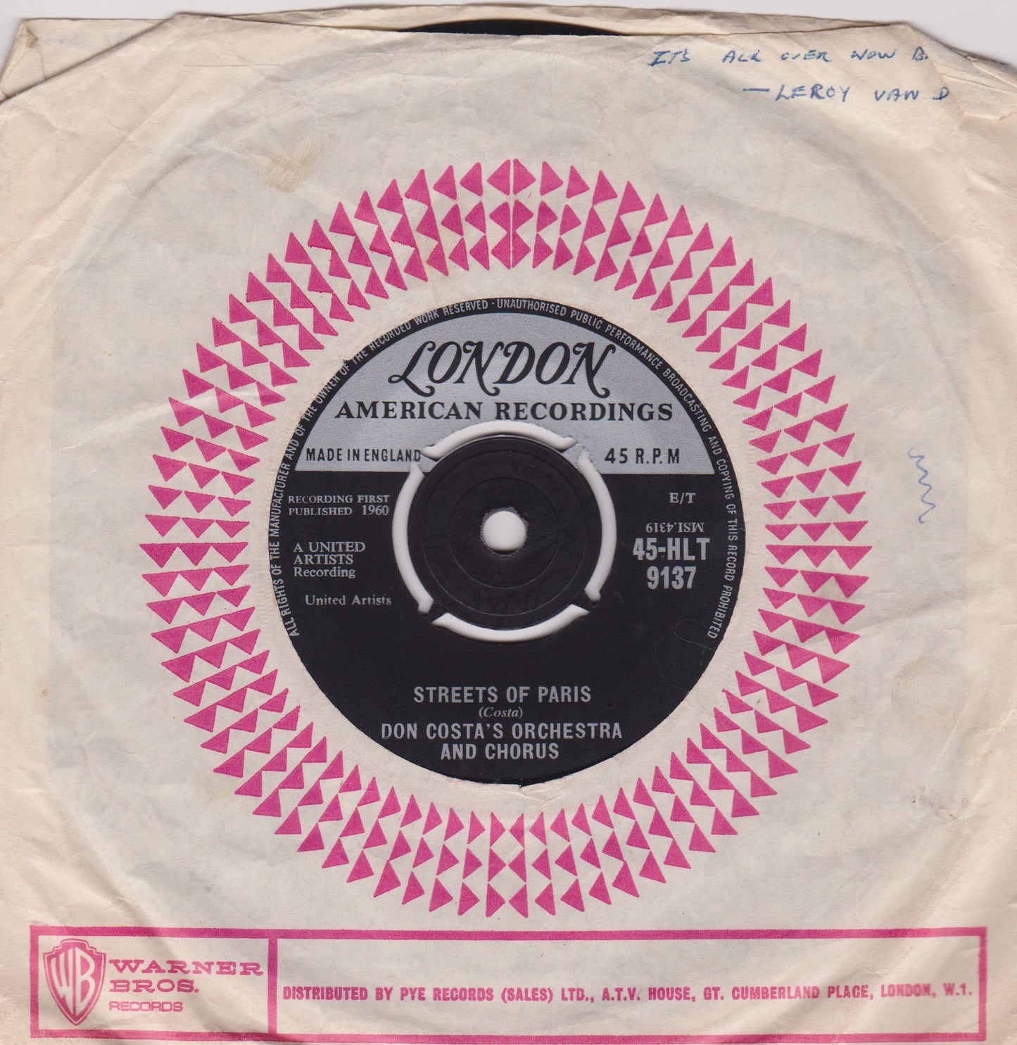 Don Costa's Orchestra And Chorus – Theme From "The Unforgiven" (London 1960) 7" vinyl single VG/-