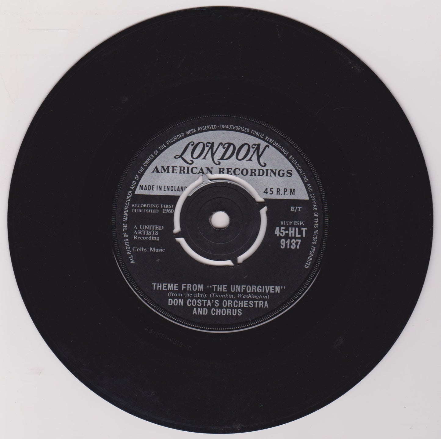 Don Costa's Orchestra And Chorus – Theme From "The Unforgiven" (London 1960) 7" vinyl single VG/-