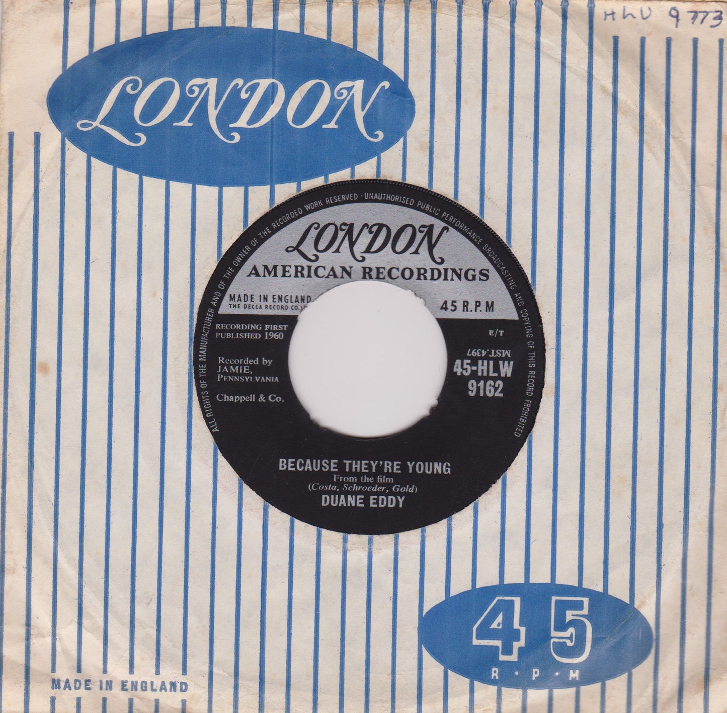 Duane Eddy - Because They're Young (London, 1960) 7" vinyl single VG/VG jukebox
