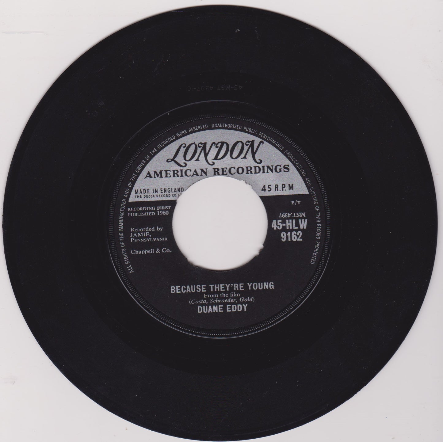 Duane Eddy - Because They're Young (London, 1960) 7" vinyl single VG/VG jukebox