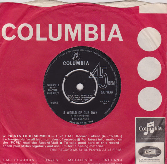 The Seekers – A World Of Our Own (Columbia 1965) 7” vinyl single VG/VG