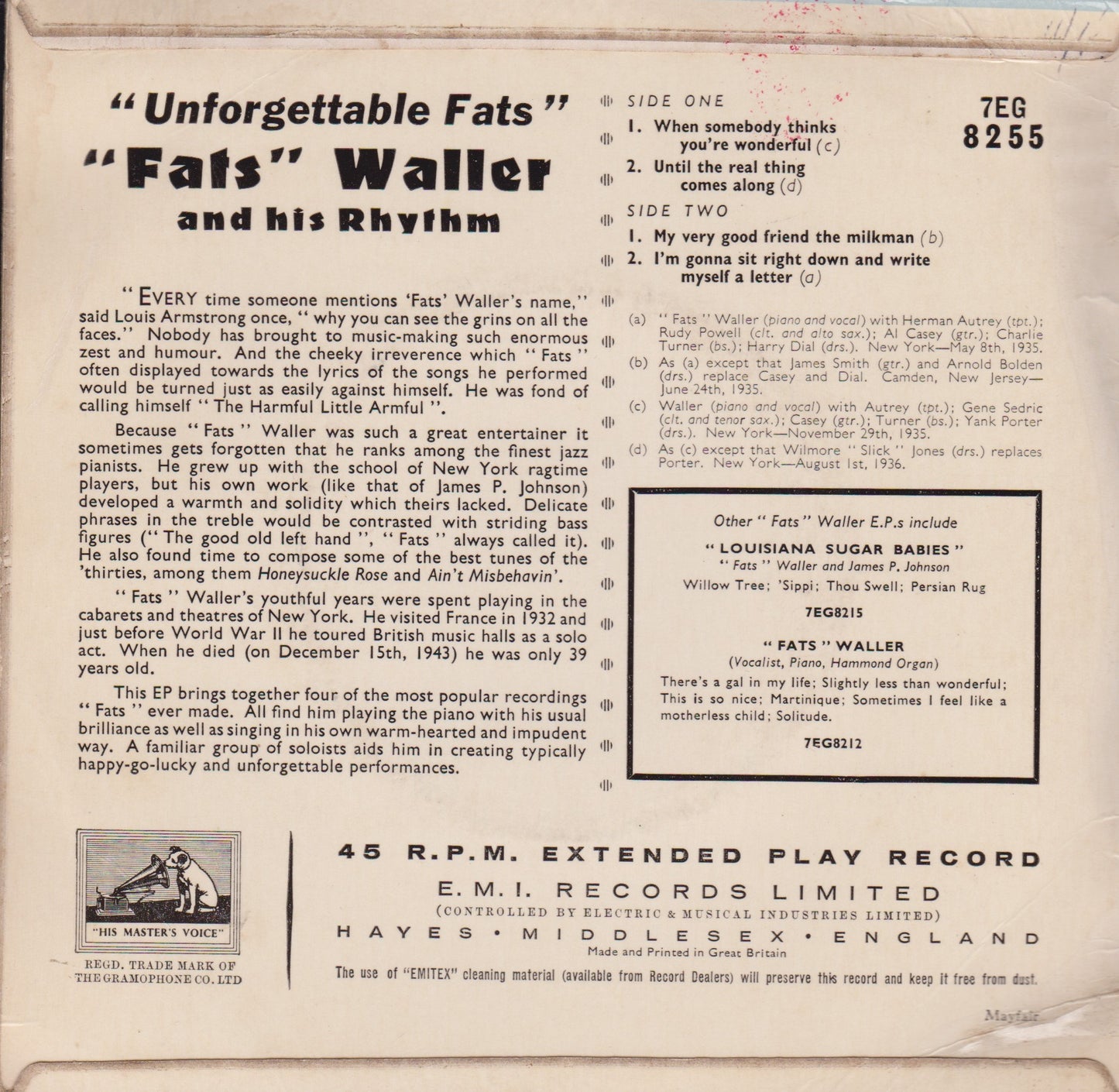 "Fats" Waller And His Rhythm – Unforgettable Fats (HMV 1957) 7" vinyl P/S EP VG/VG