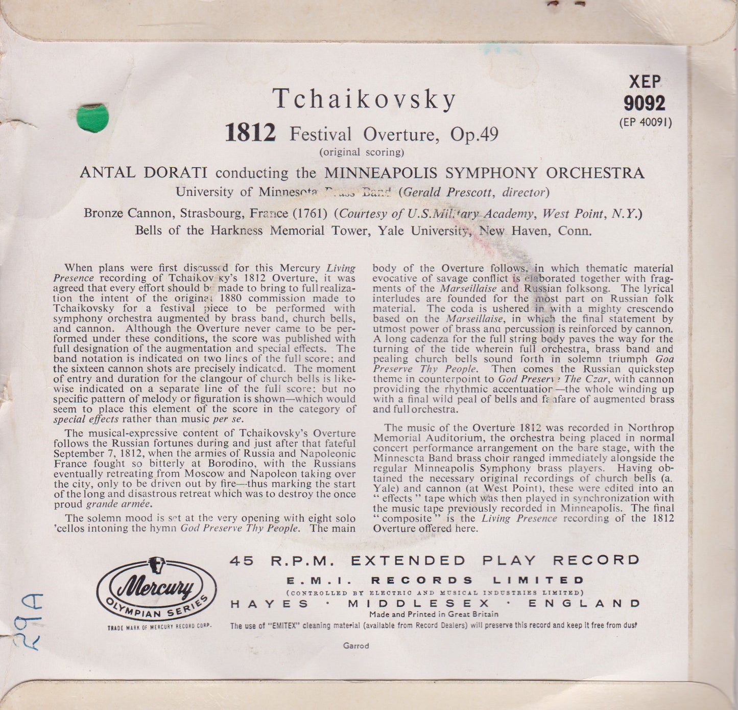 Tchaikovsky, Minneapolis Symphony Orchestra ‎– 1812 Festival Overture, Op. 49 (Mercury 1960) 7" vinyl P/S EP VG/VG