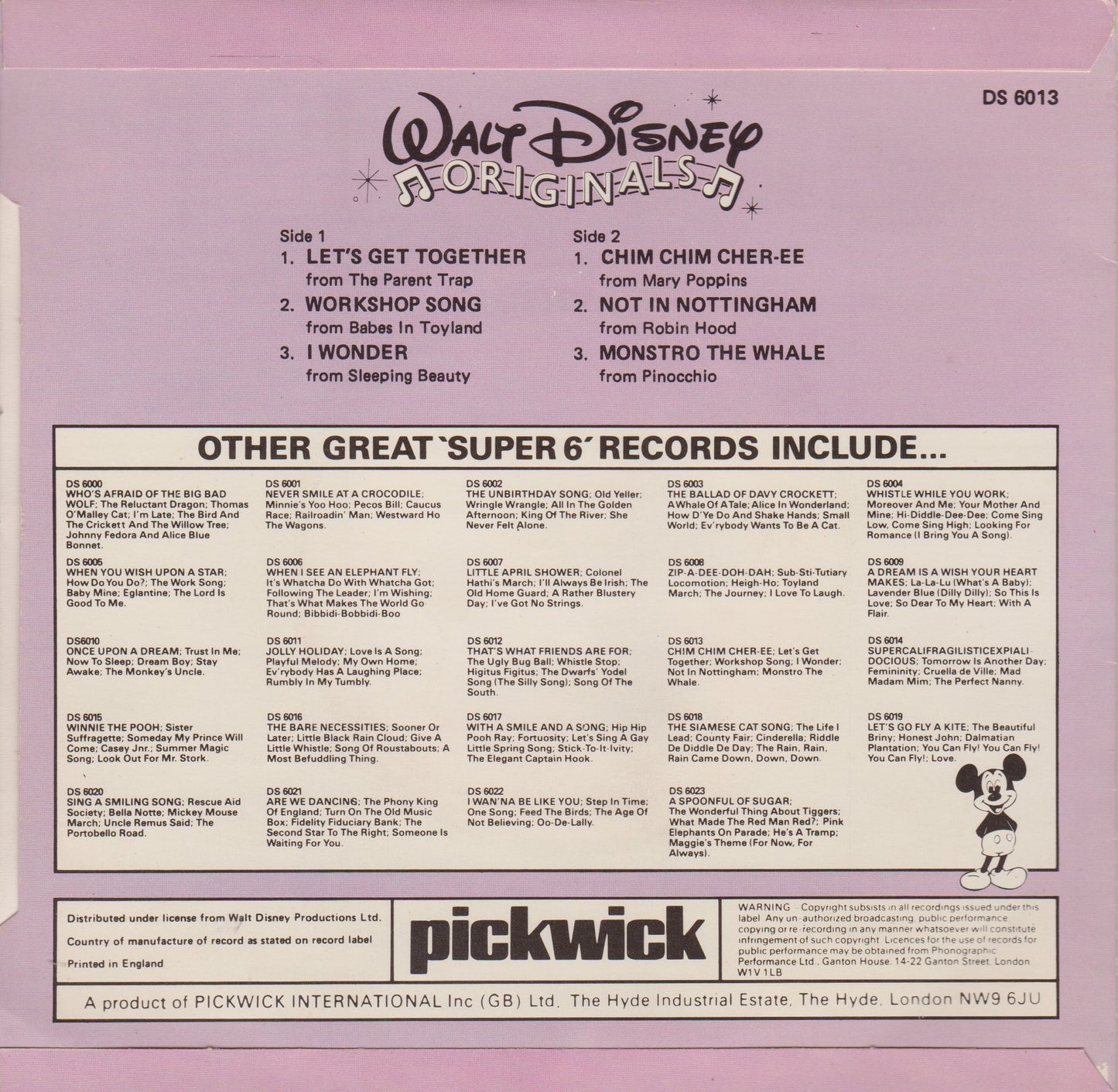 Various ‎– Walt Disney Originals 6 Super Songs (Disneyland) 7" vinyl P/S EP VG/VG