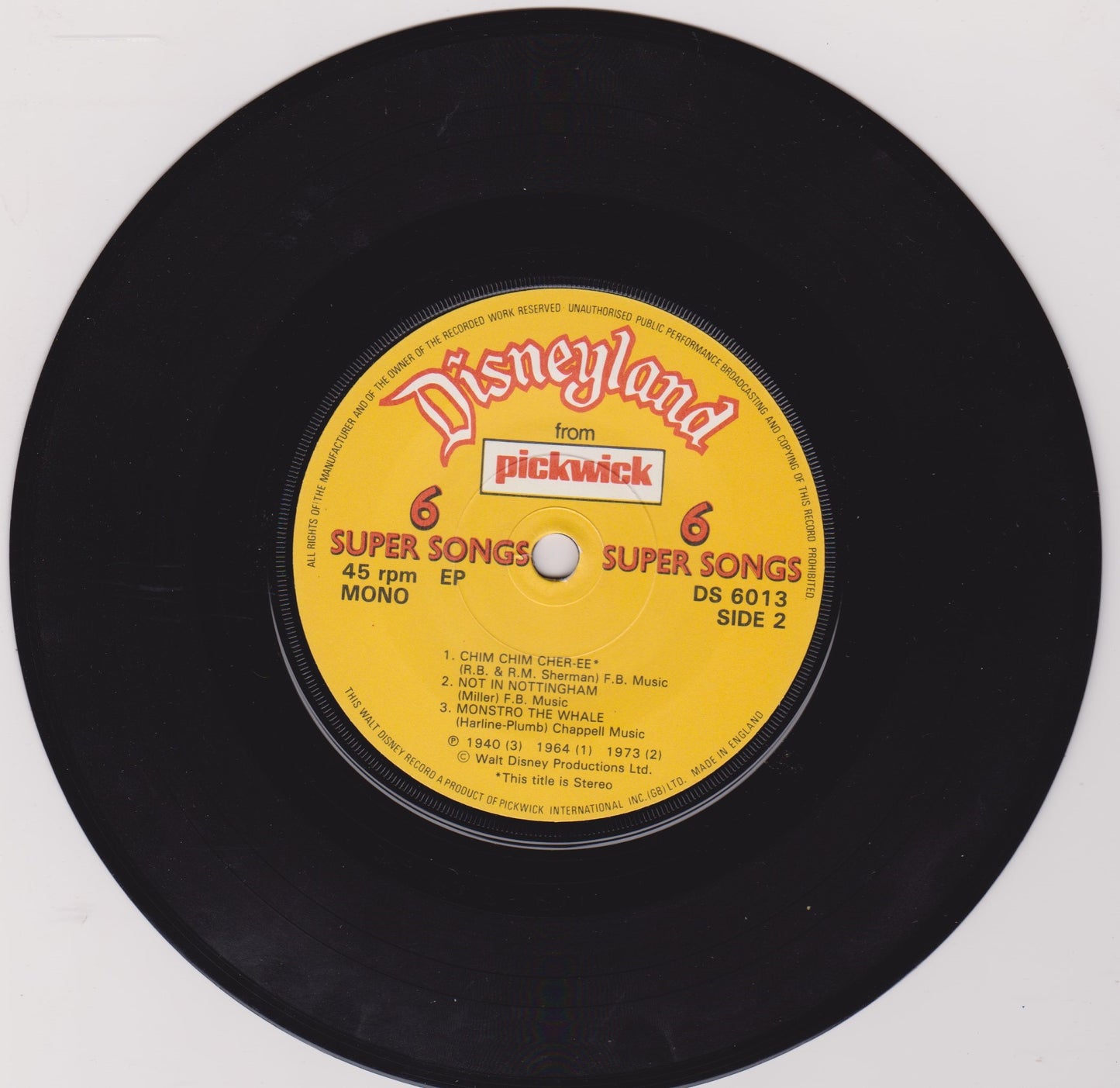 Various ‎– Walt Disney Originals 6 Super Songs (Disneyland) 7" vinyl P/S EP VG/VG