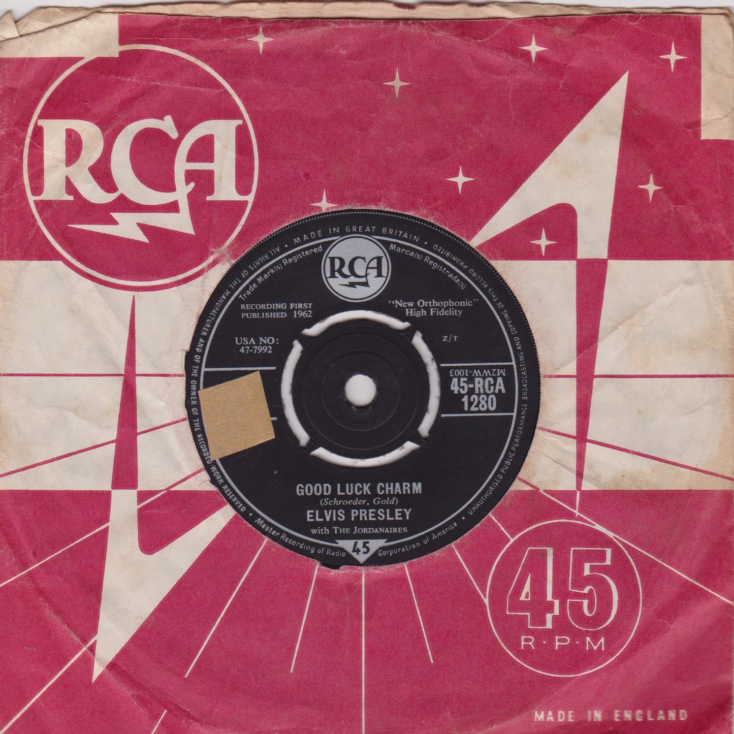 Elvis Presley With The Jordanaires – Good Luck Charm (RCA 1962) 7" vinyl single VG/VG