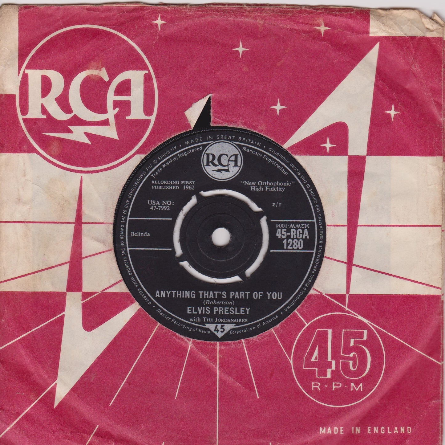 Elvis Presley With The Jordanaires – Good Luck Charm (RCA 1962) 7" vinyl single VG/VG